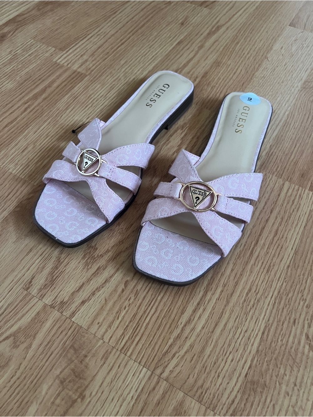 Guess Blush Pink Cross-Strap Slide Sandals with Gold Emblem